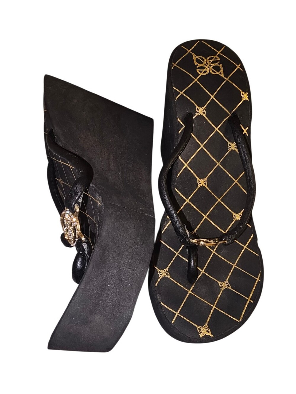 Bebe Black Wedge Flip-Flop Sandals with Gold Accent